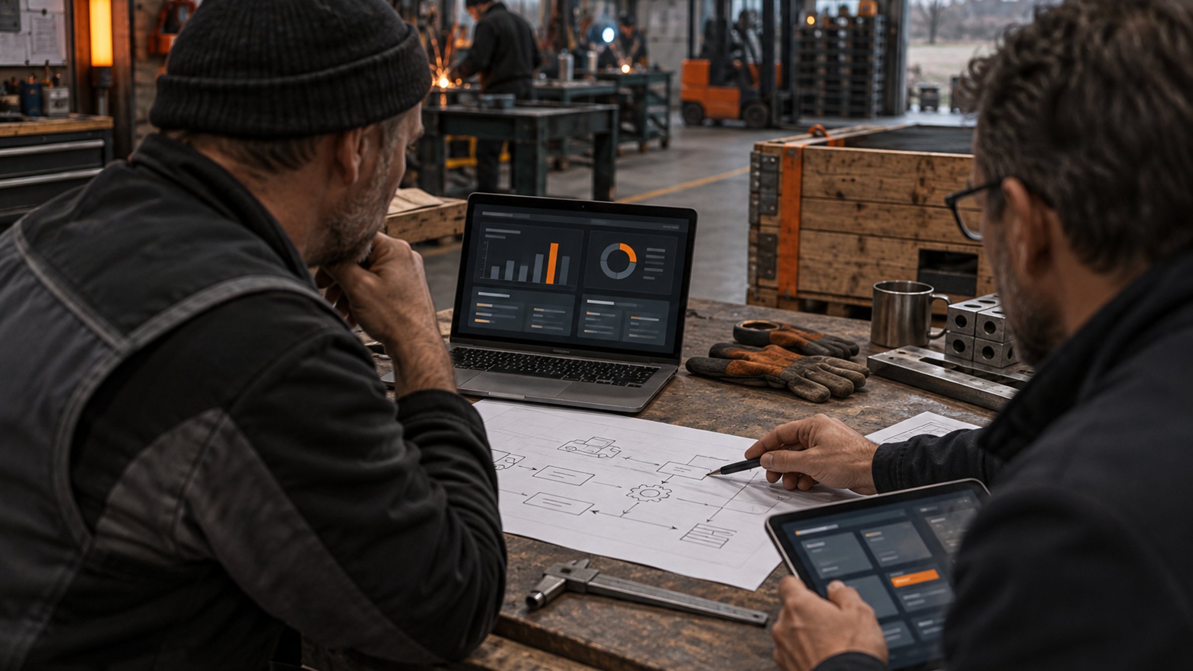 Betriebsinhaber und IT-Leiter planen mit Prozessskizze und Dashboard in einer Werkstatt