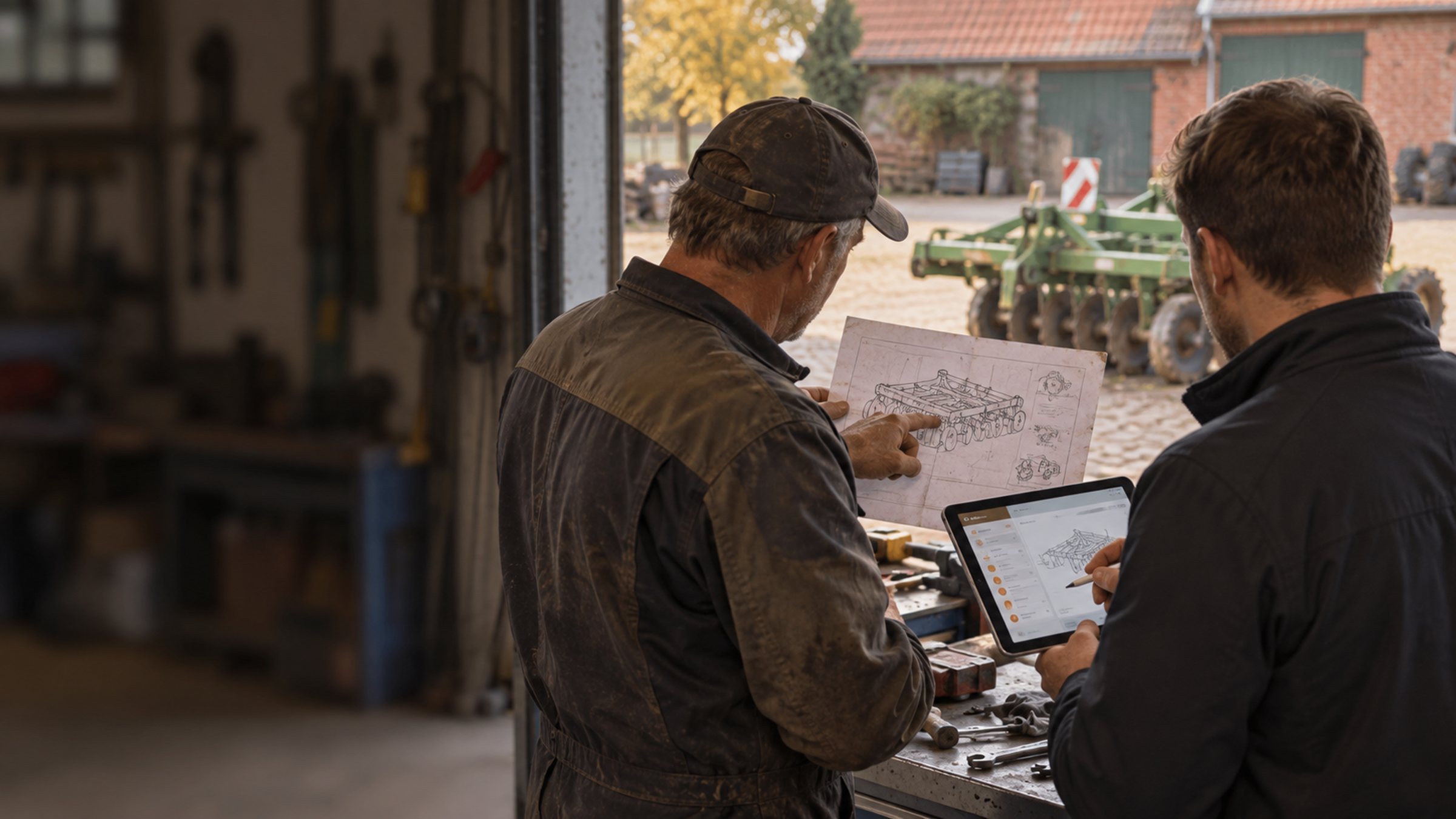 IT-Berater und Werkstattverantwortlicher gleichen Arbeitsunterlagen mit einem Tablet ab