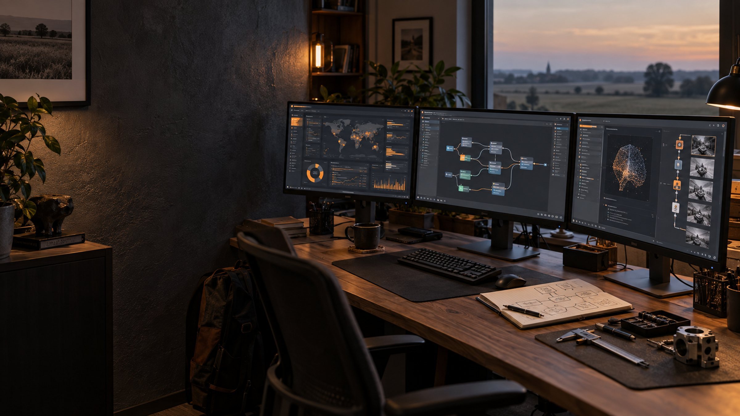 Technischer Arbeitsplatz mit drei Monitoren, Softwareentwürfen und Mechatronik-Werkzeug — Symbolbild